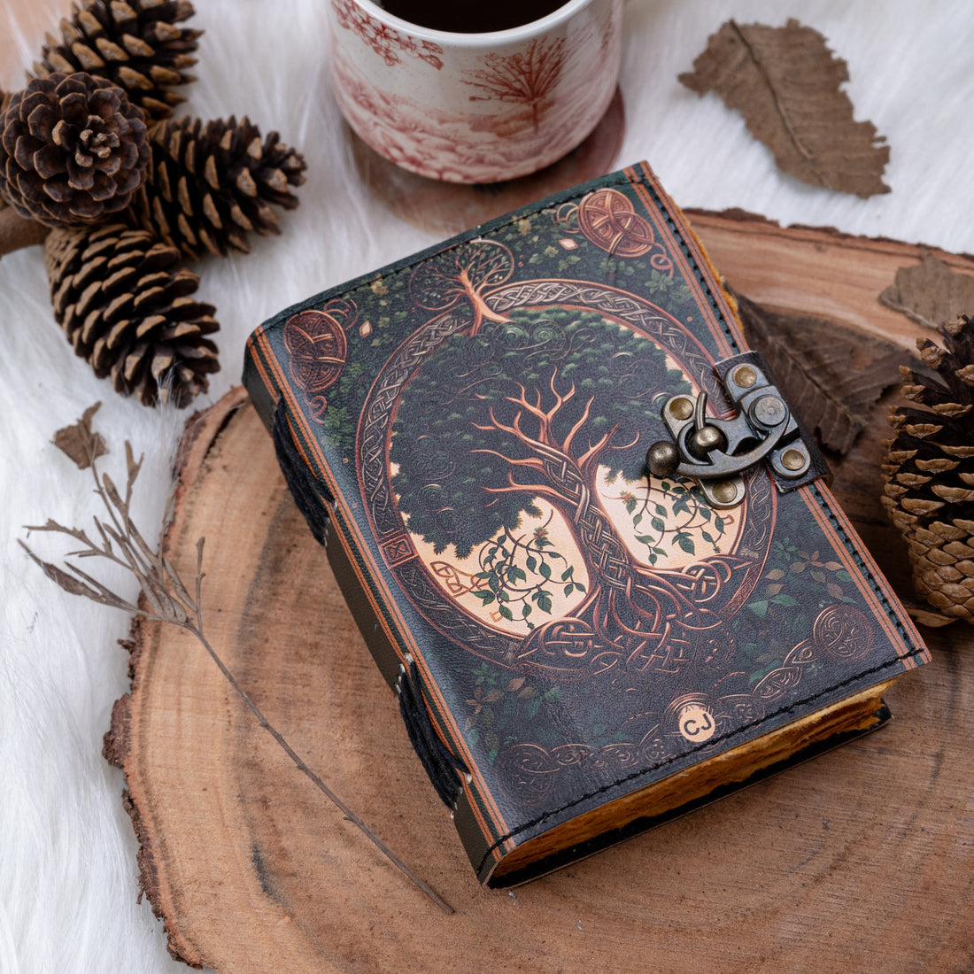 Leather Journal Notebook with Vintage Paper Tree Print-0