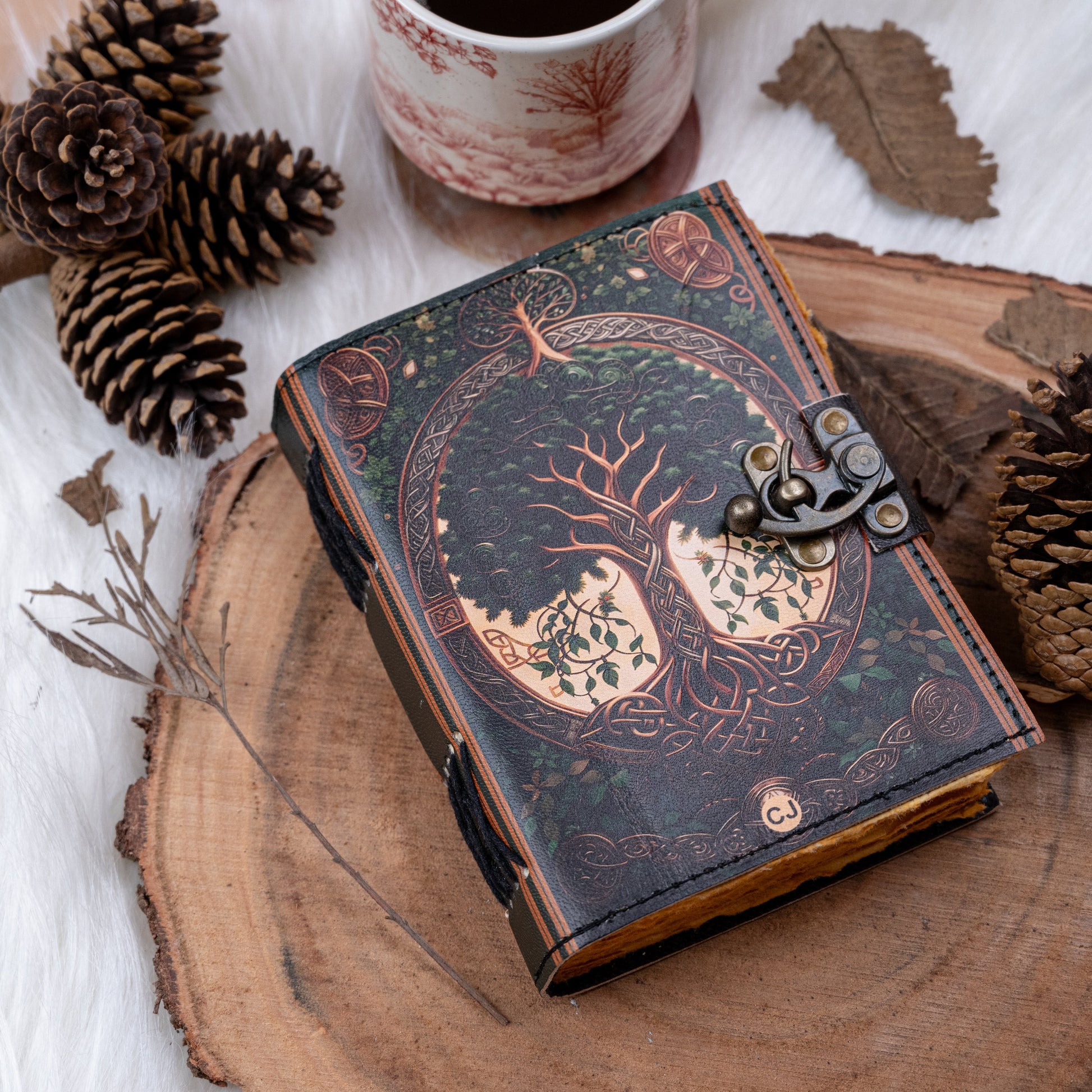 Leather Journal Notebook with Vintage Paper Tree Print-0