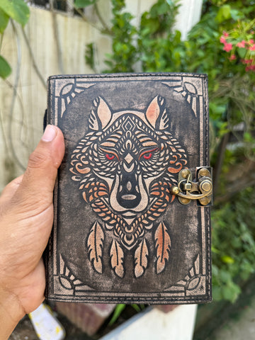 Wolf Embossed Leather Journal diary with 200 Handmade pages-1
