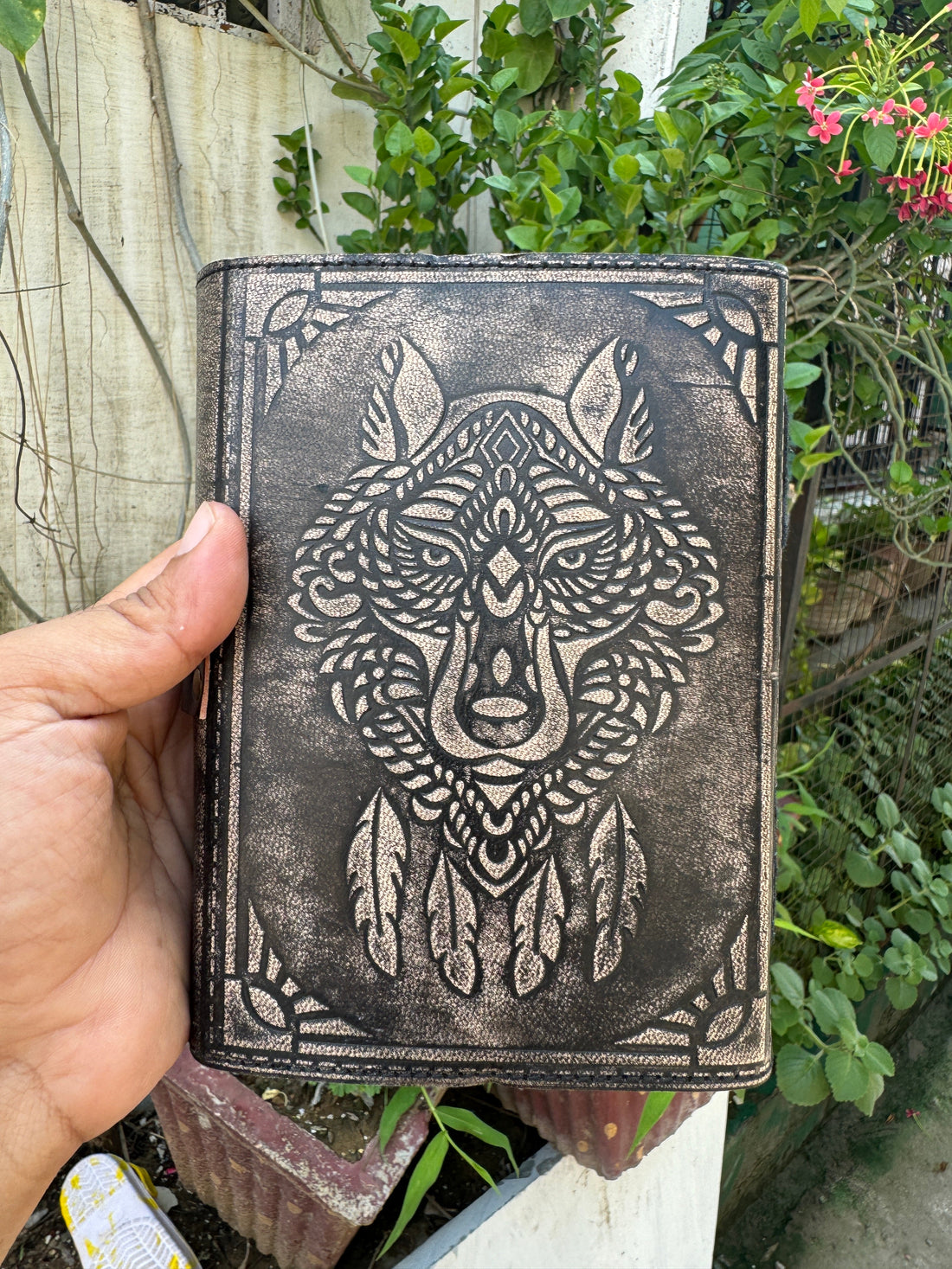 Wolf Embossed Leather Journal diary with 200 Handmade pages-0